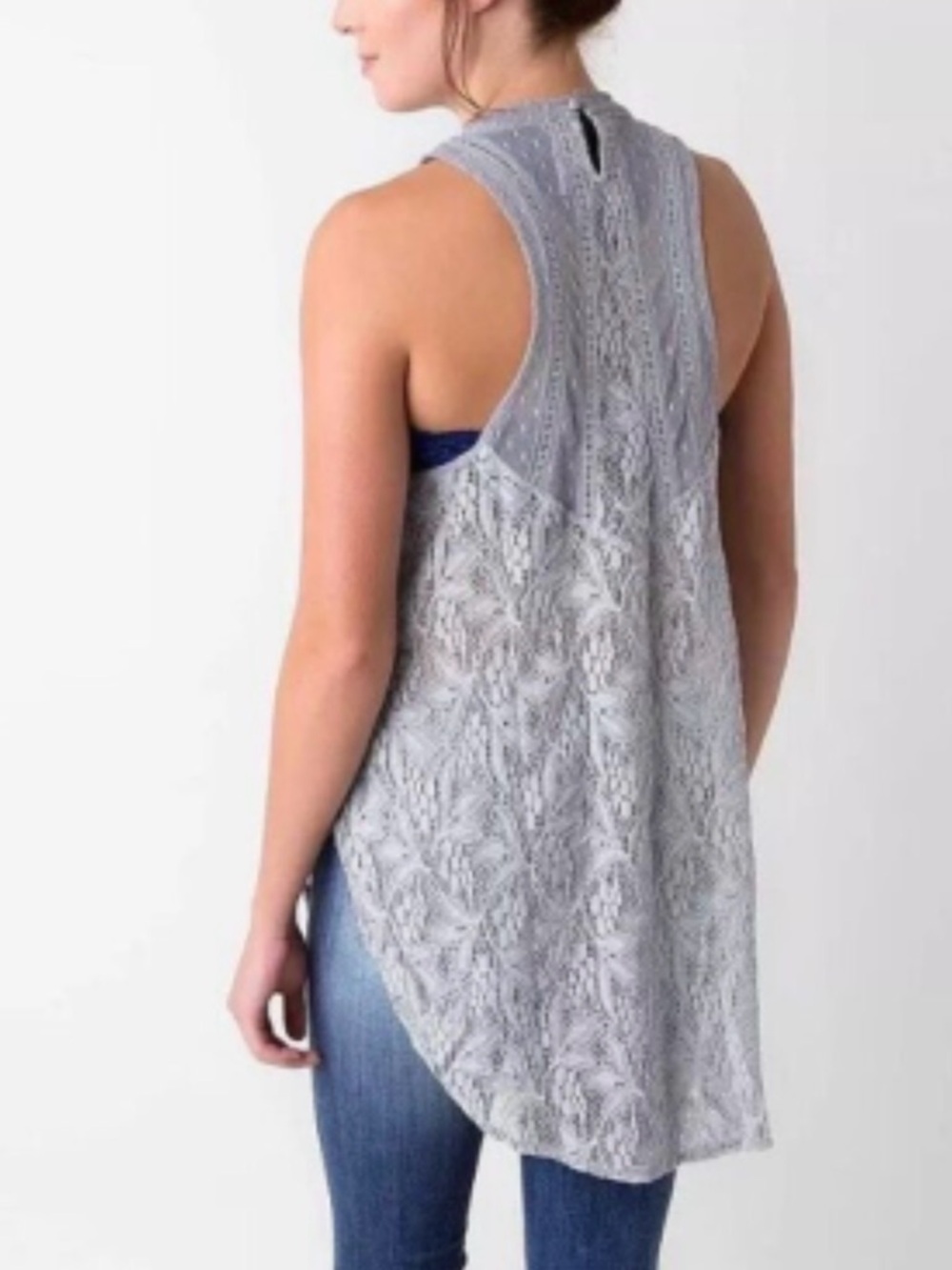 Free People S/PLight Blue Gray Modern Dot Lace High Neck Fashion Tunic Top Small - Picture 3 of 13